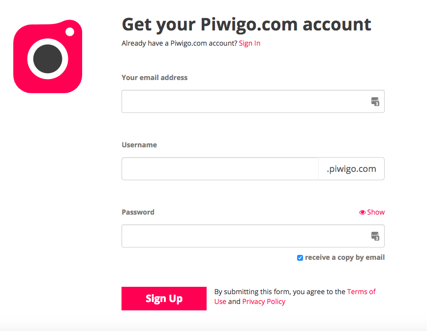 Sign up form on Piwigo.com